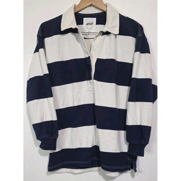 aerie Tops - Aerie Prep Rally Rugby Sweatshirt Blue White Striped Oversized XS Pullover EUC